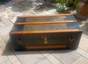 Antique Steamer Trunk Chest Leather Brass Storage Coffee Table Wood METAL - Picture 1 of 24