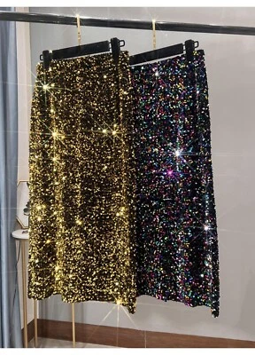 High Waisted Sequin Bling Bling Sparkly Slit Bodycon Skirt Womens Party Dress - Image 1 of 4