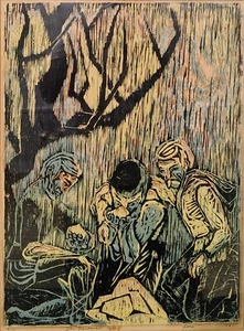 Mystery Artist Ross Vintage Art Mid-century Lithograph Woodcut - Picture 1 of 9