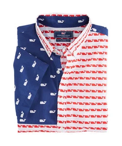 USA Flag print Vineyard Vines Youth Large Short Sleeve Murray Button Down Shirt - Picture 1 of 8