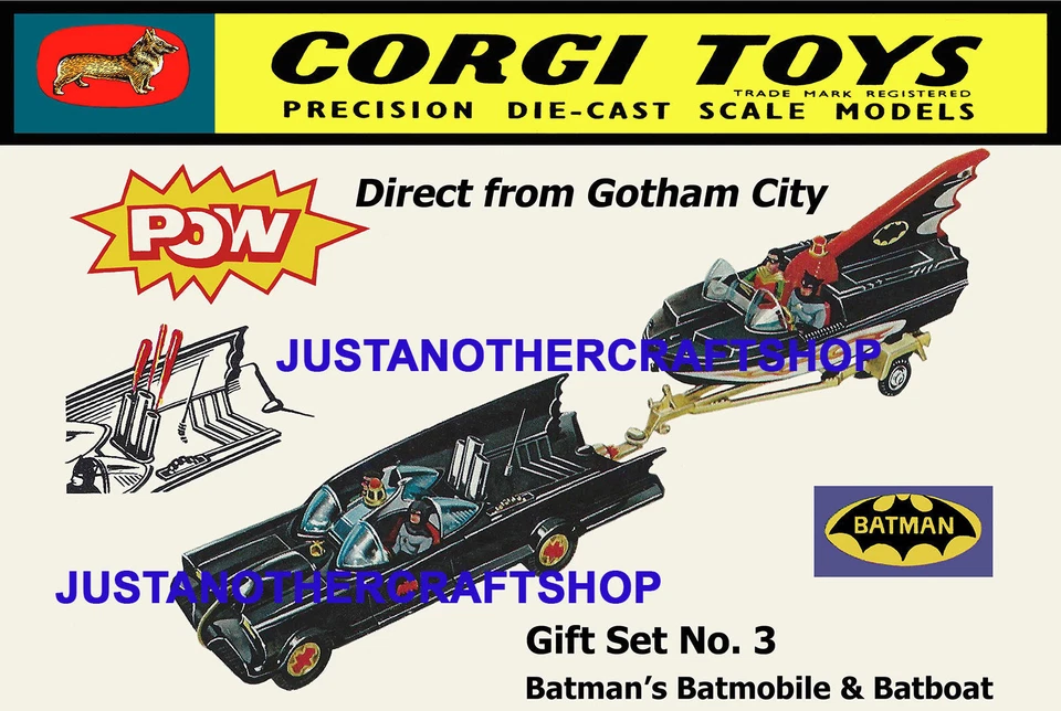 Corgi Juguetes Batman Batmóvil Batbarco Regalo Set GS 3 Cartel Anuncio Folleto - Imagen 1 de 1
