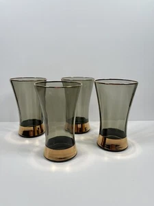 Vintage Brown Glass Tumblers Set Of 4 Gold Band Base & Trim 250ml Capacity - Picture 1 of 14