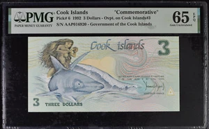 [AAP PREFIX] COOK ISLAND $3 1992 COMM. P6 PMG 65 GEM UNC EPQ LOW S/N 16920 - Picture 1 of 2