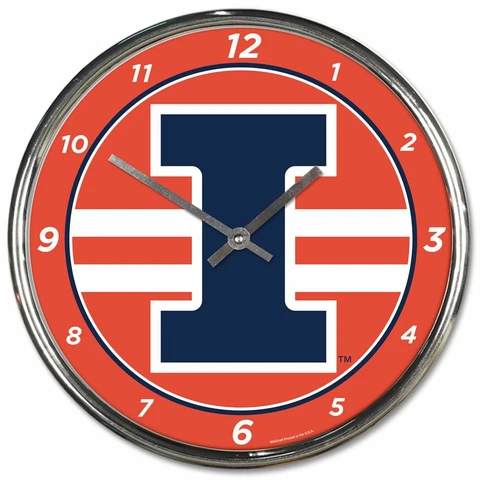 ILLINOIS FIGHTING ILLINI LOGO 12" CHROME ROUND WALL CLOCK NEW WINCRAFT 👀 Cover