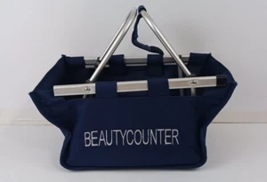 Beautycounter Market Tote basket navy embroidered  Foldable collapsable  - Picture 1 of 9