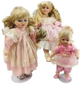 Lot of 3 VINTAGE PORCELAIN DOLLS "SWEET IN PINK" 10", 14" & 18" ~ PEROWNED. - Picture 1 of 13