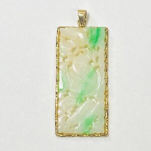 14K Yellow Gold Bamboo Frame Carved Moss-in-Snow Jade Chinese Man Pendant 5.8g
