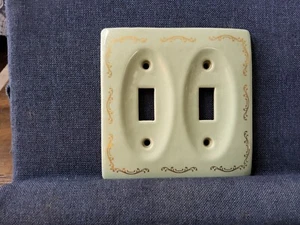 Vtg Porcelain Dbl or Single Light Switch Cover Mint Green & Gold Swirl Trim MCM - Picture 1 of 8