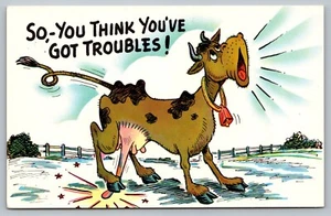 Postcard So You Think You've Got Troubles Cow Stepping On Utter Humor Farm Bull - Picture 1 of 2