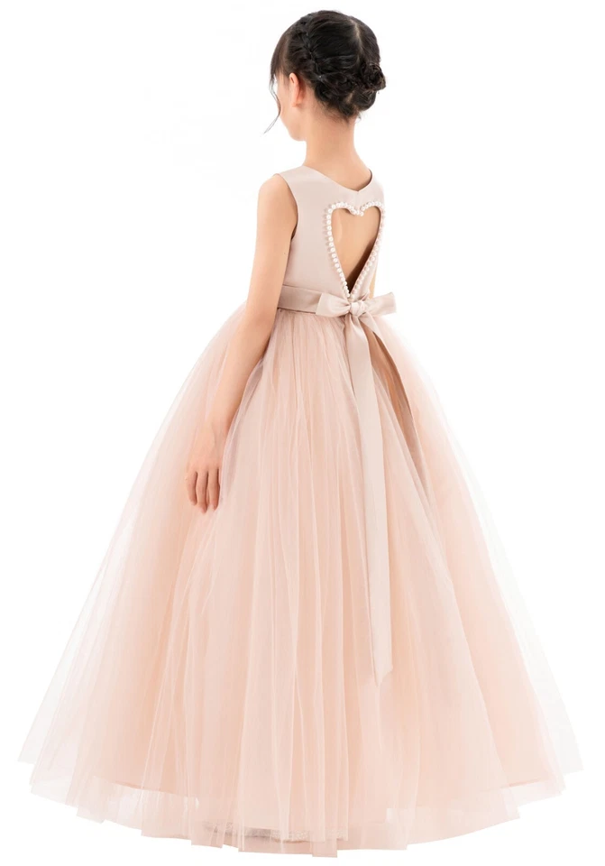 Heart Cutout Satin Tulle Flower Girl Dress with Pearl Beaded Trim Ball Gown - Image 1 of 1