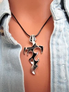 Unisex BLACK & SILVER FIRE FLAME CROSS on LEATHER CORD Punk CHOKER NECKLACE - Picture 1 of 6