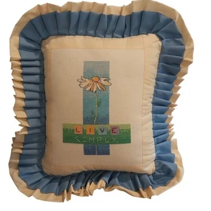 Handmade Cross Stitch Throw Pillow Ruffled Yellow Blue Daisy "Live Simply" - Picture 1 of 9