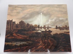 Vintage J. Davis 1975 Ölgemälde Leinwand Niederländische Landschaft 14"x18" - Bild 1 von 5