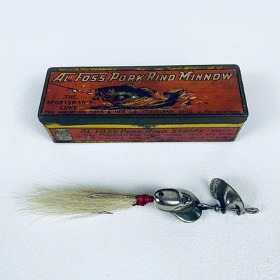 Vintage AL. Corteza de cerdo Foss Minnow Shimmy Wiggler #6 con caja de hojalata roja tenedor y azada Foto 1 de 4