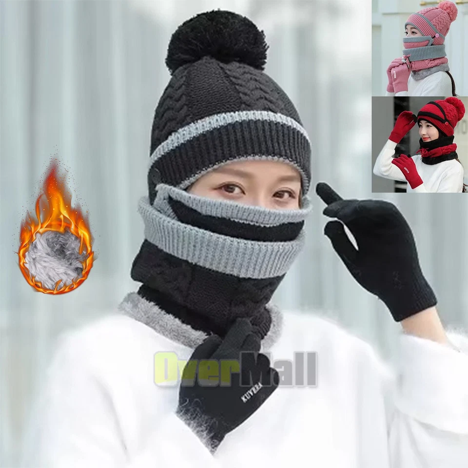 Mujeres Damas Grueso Tejido Sombrero Bufanda Guantes Y Máscara Conjunto Tejido Invierno NUEVO EE. UU. Foto 1 de 4