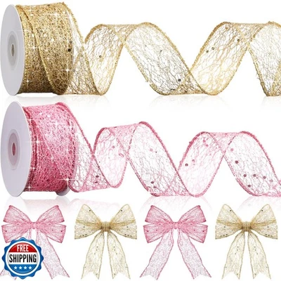 Geosar 2 Roll Gold Pink Mesh Glitter Ribbon 1.5 Inch x 10 Yard Ch - Image 1 of 4