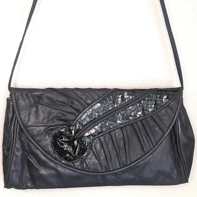 Винтажный 80-х из натуральной кожи и змеиной кожи конверт сумочка темно-синий Eleganza на JJ - Изображение 1 из 4