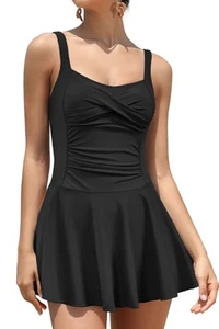 Women Retro One Piece Skirt Swimsuit Ruched Crossover Swimdress Bathing Suit ... - Picture 1 of 6
