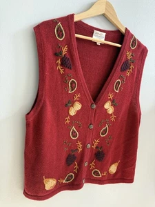 Chaleco abotonado tejido bordado a mano Susan Bristol vintage '95 para mujer L fruta - Imagen 1 de 11