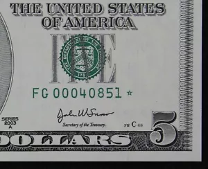 $5 2003A CU Star Federal Reserve Note FG00040851* five $ 640K SINGLE RUN ISSUE - Picture 1 of 3