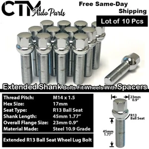 10x Chrome 14x1.5 Ball Seat Extend Lug Bolts 45mm Shank Fit 15mm-20mm Spacer Rim - Picture 1 of 5