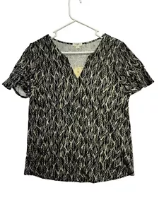 NIC+ZOE NZT Sketched Leaves T-Shirt Gr. M Flatterärmel Split Neck Leinenmischung - Bild 1 von 9
