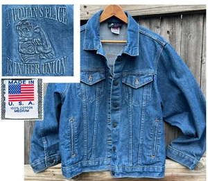 USA Woman’s Place Is Her Union Denim Jacket VTG Rosie Riveter Medium Work Tyca - Picture 1 of 21