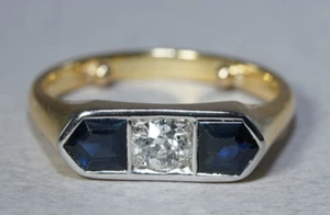 Vintage Gents Natural Sapphire & DIAMOND 18K Yellow Gold Ring Size 9, 8.2gr - Picture 1 of 13