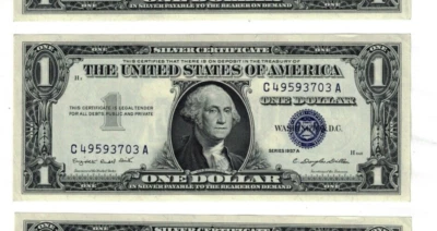 ** 1957 A $1 ONE DOLLAR SILVER CERTIFICATES UNC. CONSECUTIVE SERIAL #  FR.1620 * - Image 1 of 4