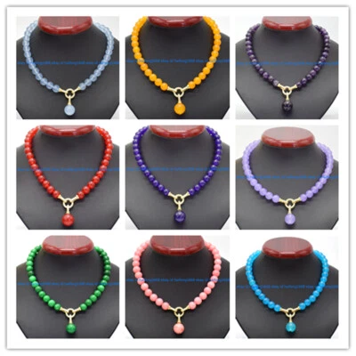 Natürliche 10mm Mehrfarbig Edelstein Perlen Runde Anhänger Halskette 18" - Bild 1 von 4