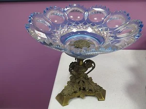 ANTIQUE VICTORIAN AZURE BLUE CUT TO CLEAR CRYSTAL COMPOTE ON BRONZE BASE - Picture 1 of 11