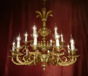 alter Kronleuchter Lüster Leuchter antik Messing groß 18 lampen Kristall um 1970 - Bild 1 von 14