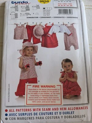 Burda Sewing Pattern 9650 - Babies Dress Romper Pants Sunhats Sz 3m to 18m NEW  - Image 1 of 2