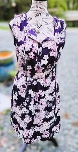 Ann Taylor Loft Dress Womens Small Petite Purple Floral Cinch Waist Tie Neck - Picture 1 of 10