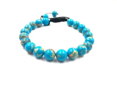 A1 Natural BLUE COPPER TURQUOISE Gem 8mm Bead Unisex Adjustable Macrame Bracelet - Image 1 of 3