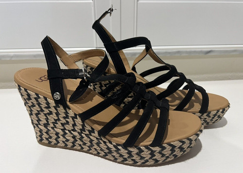 Sandalo da donna UGG tacco a zeppa taglia 9 5 nero crema marrone a righe Chevron Cressida