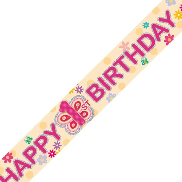 Happy 1st Birthday Butterfly Wings Holographic Foil Banner 2.7m Repeats 3 Times - Image 1 of 1