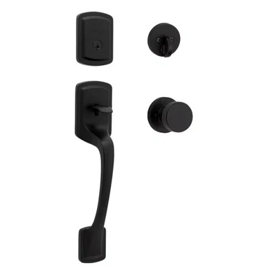 Manija de entrada Kwikset Praga con cerrojo y perilla Pismo negro mate pequeña mancha Foto 1 de 4