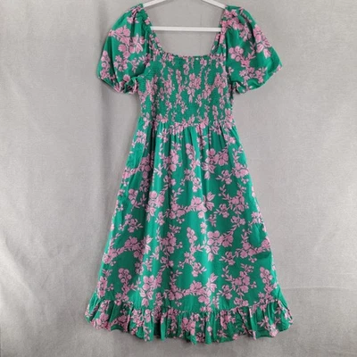 J Crew Dress Womens Medium Green Pink Floral Milkmaid Smocked Cottage Romantic - Image 1 of 4
