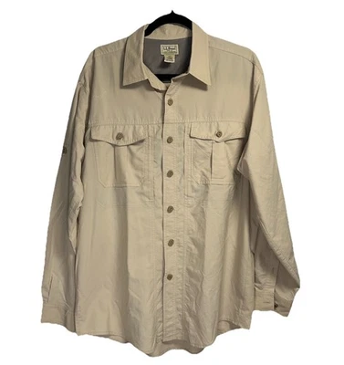 LL Bean Fishing Shirt Men’s Large Brown Nylon Pockets Buttons Mesh Lined Vented - Image 1 of 3