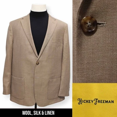 HICKEY FREEMAN Hombre Marrón Sólido LANA SEDA LINO Abrigo Deportivo Chaqueta Blazer 46 R Foto 1 de 4