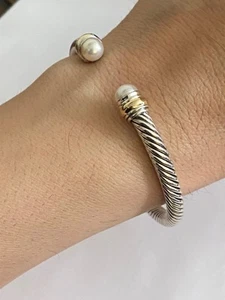 USED David Yurman 5mm Cable Collection Mixed Metal Pearl Cuff SMALL - Picture 1 of 9