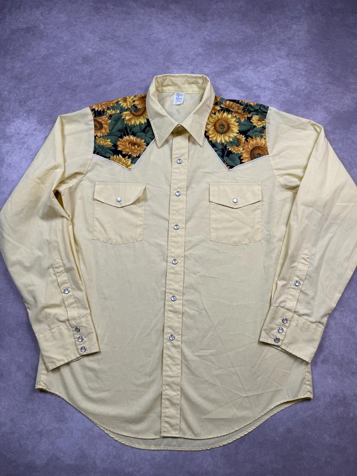 VTG Malco Mode Men 17 35 Yellow Western Pearl Snap Sunflower Yoke Made USA - Image 1 of 4