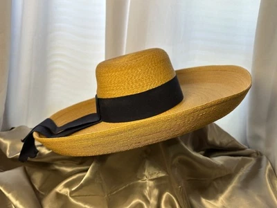 VINTAGE YSL Yves Saint Laurent Wide Brim Straw Sun Hat w/ Navy Blue Ribbon Band - Image 1 of 4