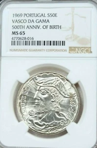 1969 PORTUGAL SILVER 50 ESCUDOS VASCO DA GAMA 500TH ANNIVERSARY NGC MS 65 BEAUTY - Picture 1 of 5