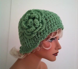 GREEK SEA GREEN FLOWER BEANIE CAP HAT HAND CROCHET BERET SKULL CAP CLOCHE - Picture 1 of 7