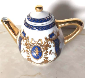 Vintage Miniature Teapot Porcelain Art Blue White Gold Decorative (B3) - Picture 1 of 7