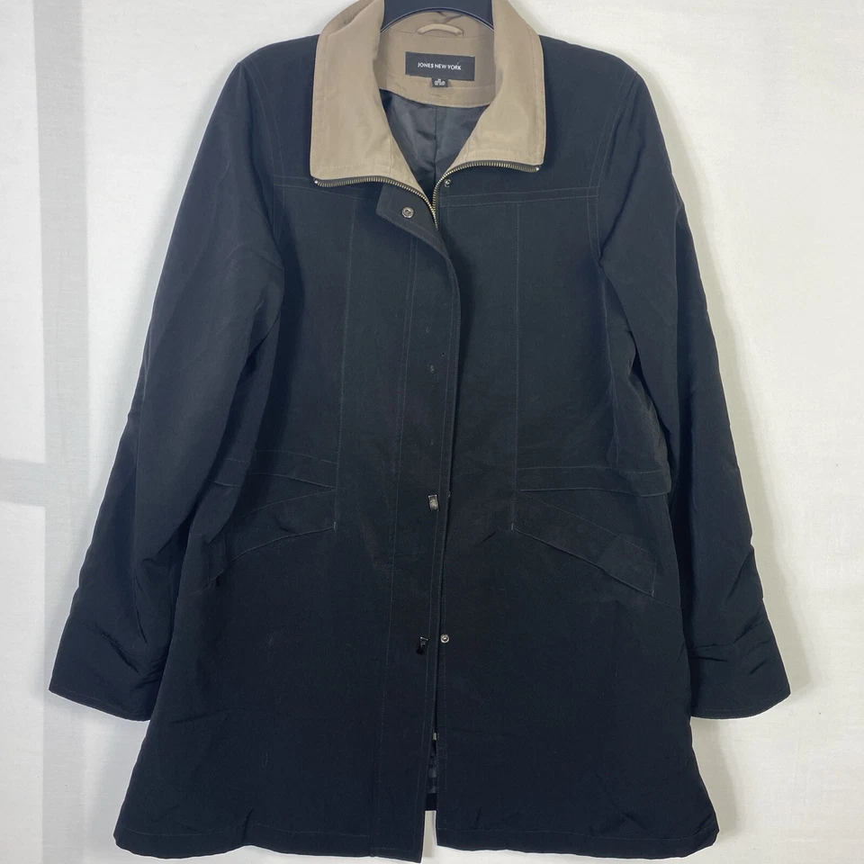 Jones New York Raincoat Women Black Pockets Water Resistant Hooded Full Zip - Image 1 of 4