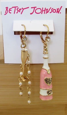 Betsey Johnson Pink Champagne Bottle Flute Earrings Faux Pearl NWT Gift Box - Image 1 of 4