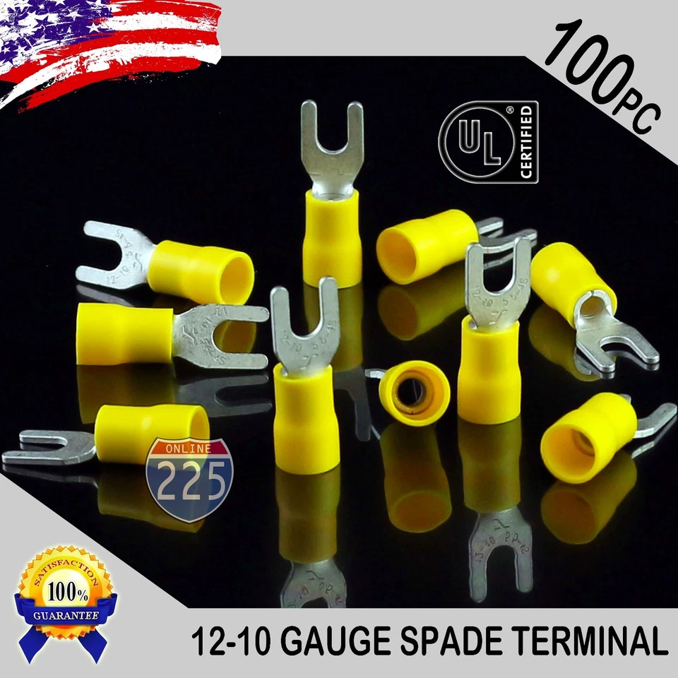 100 Pack 12-10 Gauge Vinyl Spade Fork Crimp Terminals #8 Stud Tin Copper Core UL - Image 1 of 1